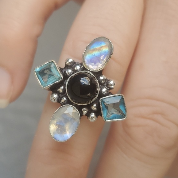 New Mystic Quartz, Blue Topaz & Black Onyx Silver Ring. - Picture 3 of 16